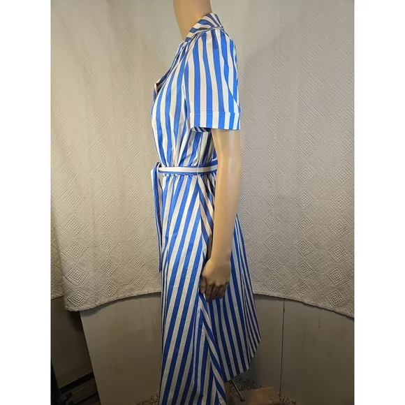 J Peterman Size 6 Blue White Striped Belted Shirt Dress Midi Pockets Classic - Picture 9 of 12